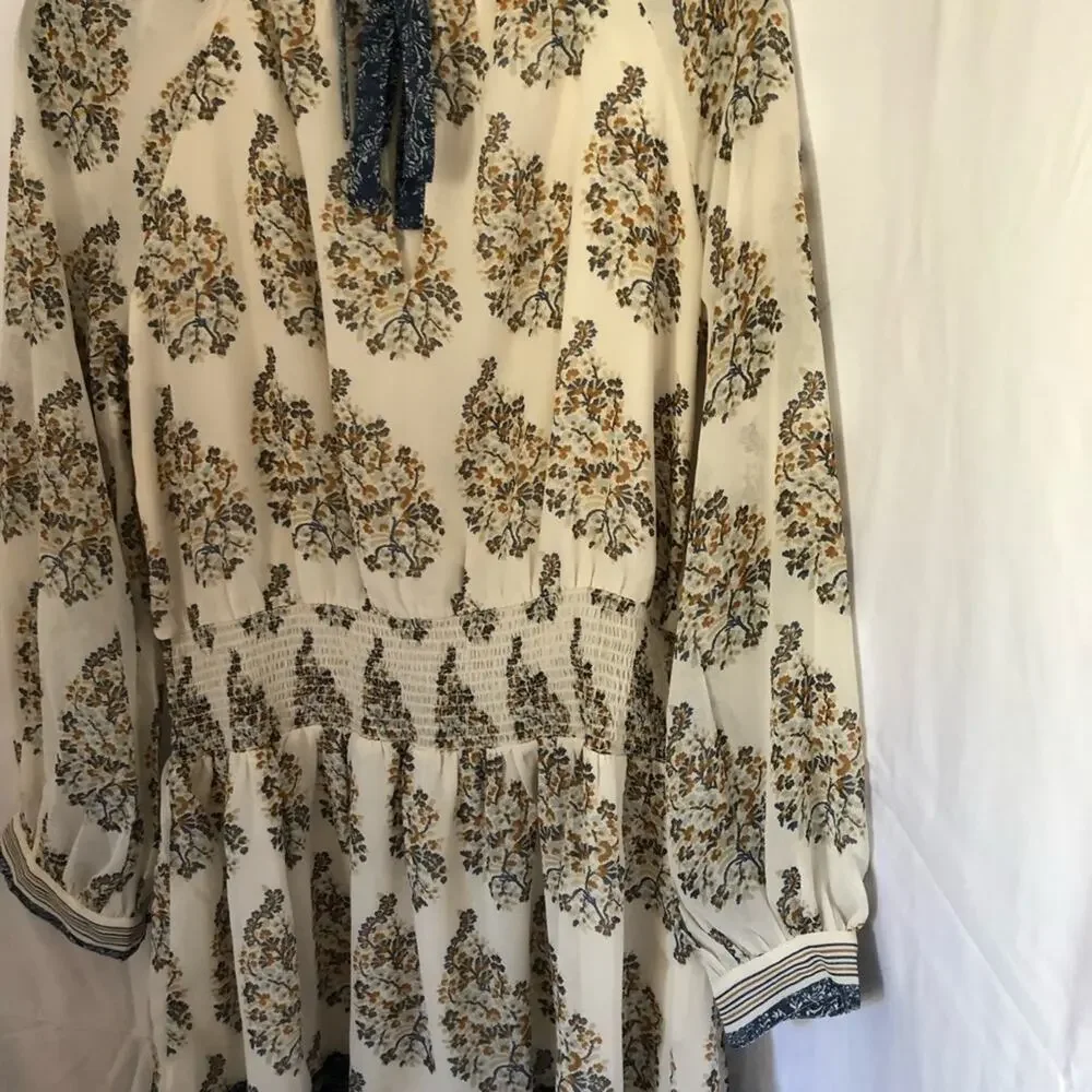 Lucky Brand Georgette Mixed Print Peasant Long Sleeve Dress Ivory Blue Small NEW - Picture 3 of 8
